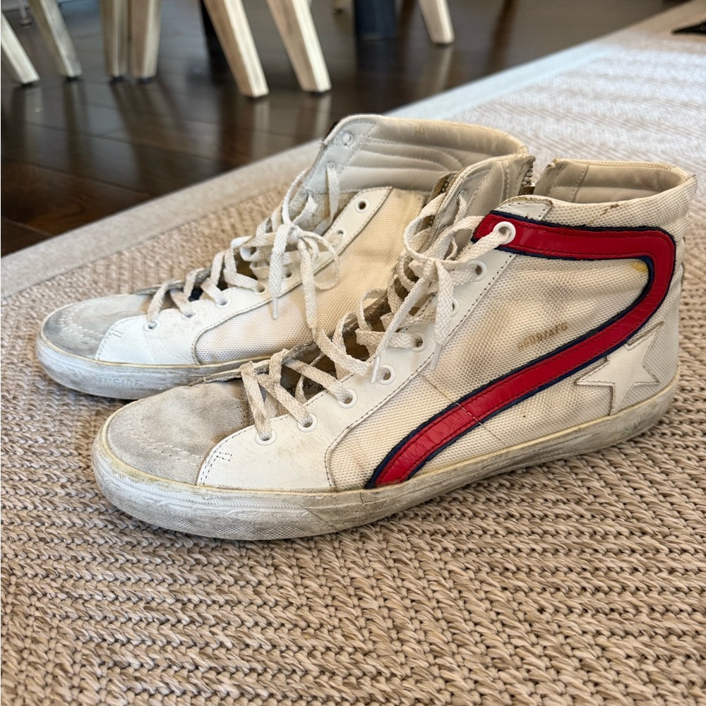 Golden Goose Francy White and Red High-Top Sneakers in Used Aesthetic